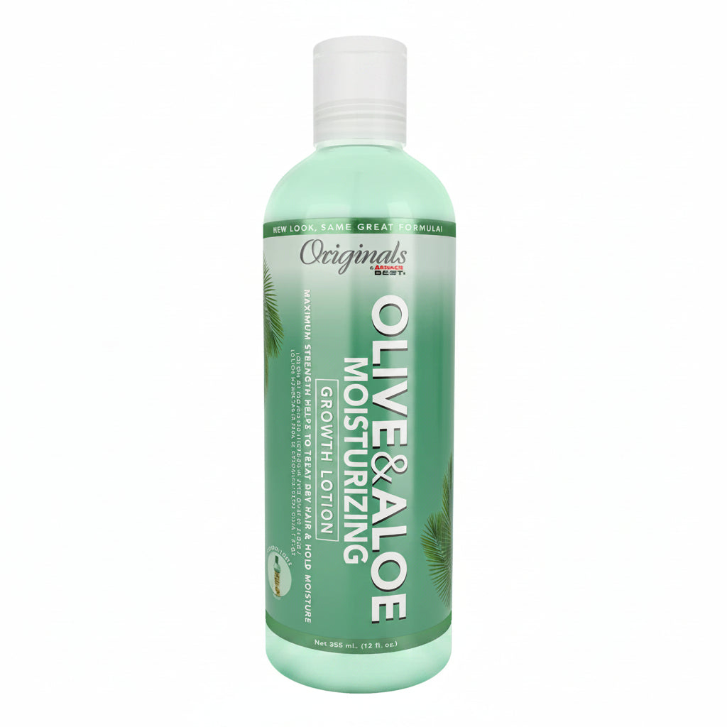 Green bottle of Olive & Aloe moisturizing lotion on a white background