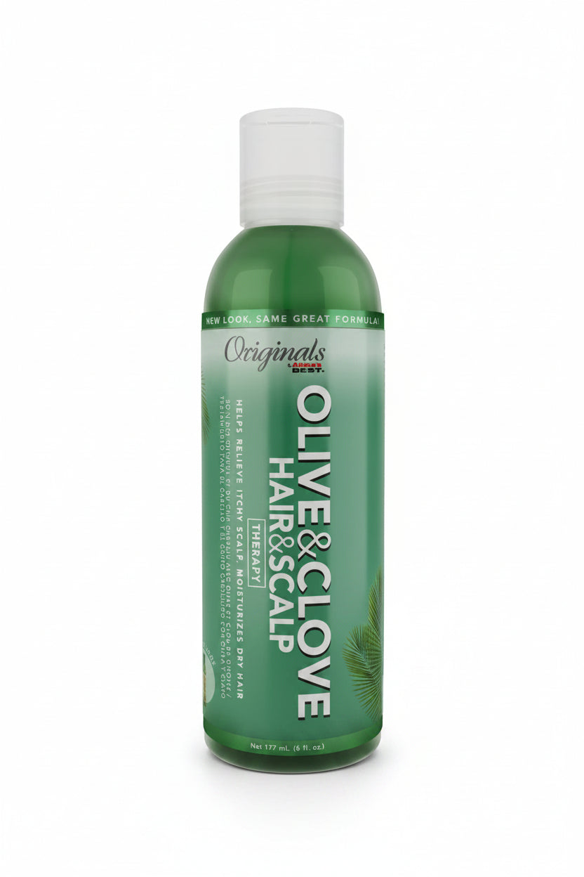 Green bottle of Olive & Clove hair and scalp product on a white background