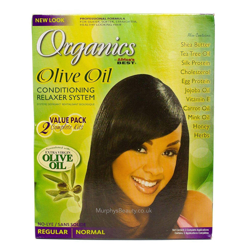 Box of Organics Olive Oil Conditioning Relaxer System with a woman's face on the front.
