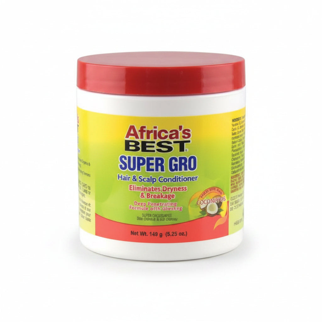 Jar of Africa's Best Super Gro hair and scalp conditioner with a red lid on a white background