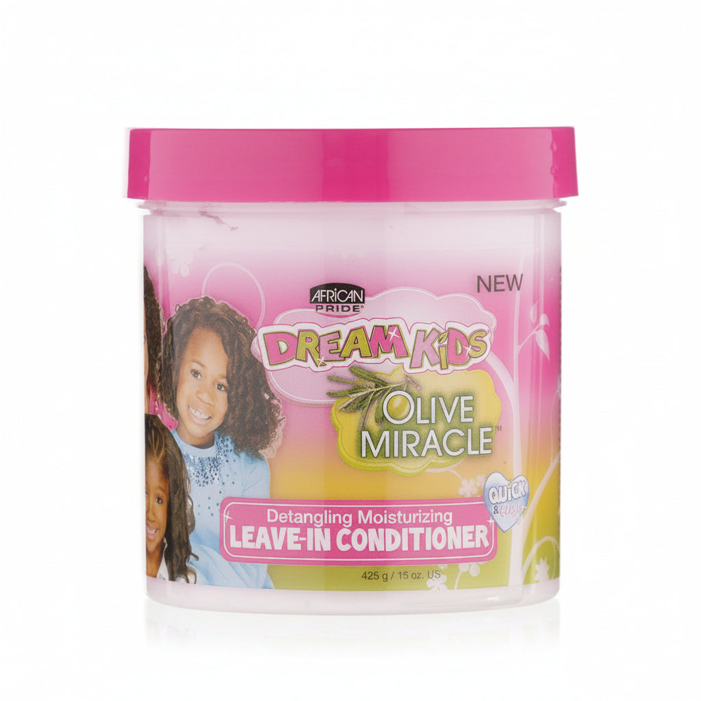 Jar of Dream Kids Olive Miracle leave-in conditioner with pink lid and label.