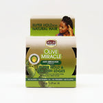 African Pride Olive Miracle hair care product packaging with a woman's face on a green background.