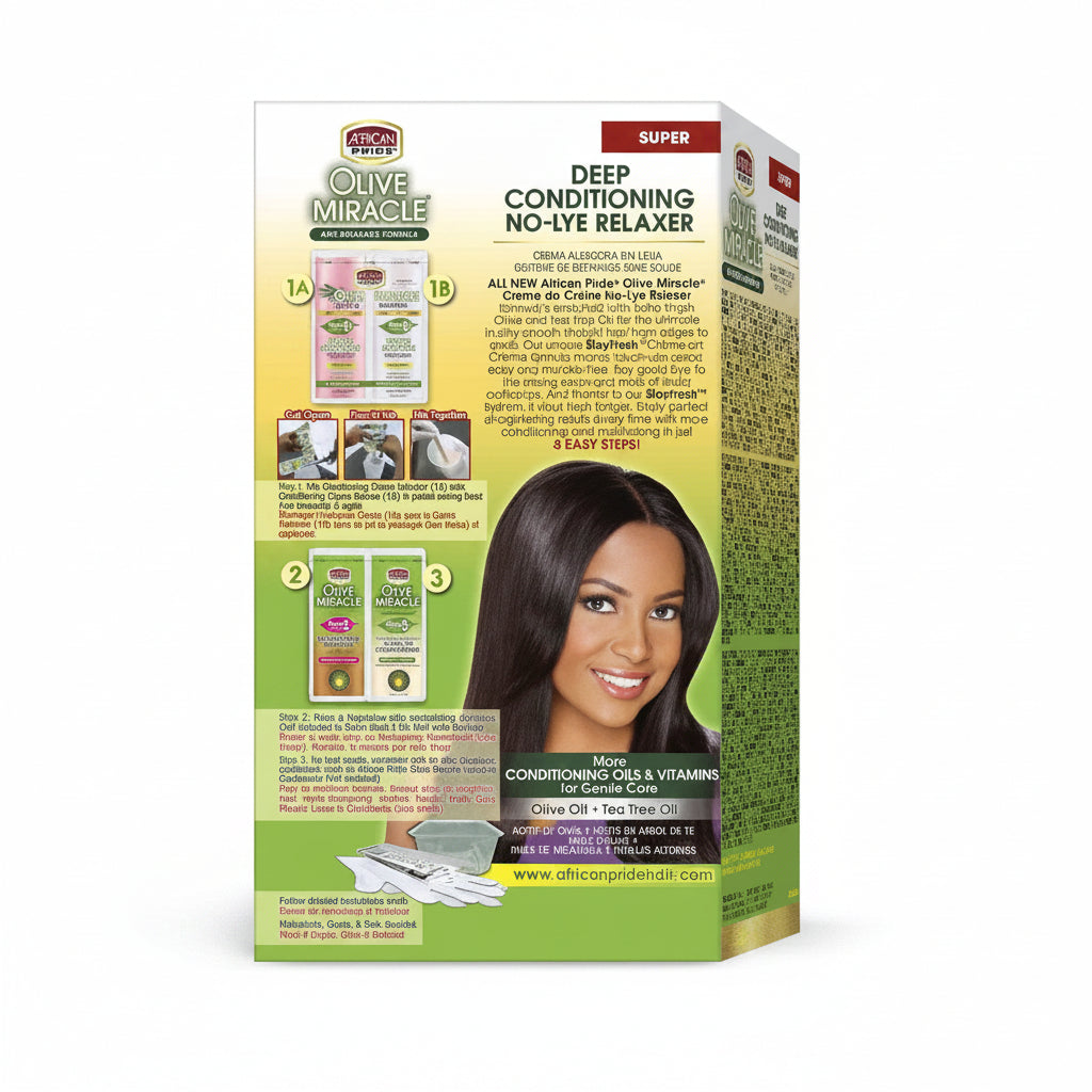Box of African Pride Olive Miracle Deep Conditioning No-Lye Relaxer with a woman's face on the packaging.