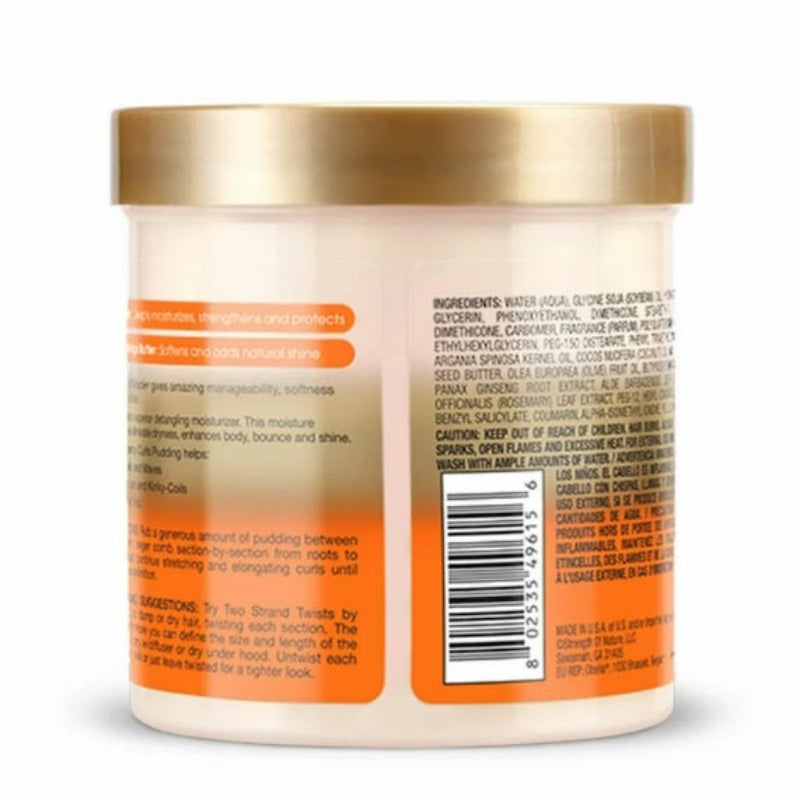Back view of a cosmetic jar with text and a gold lid on an orange background
