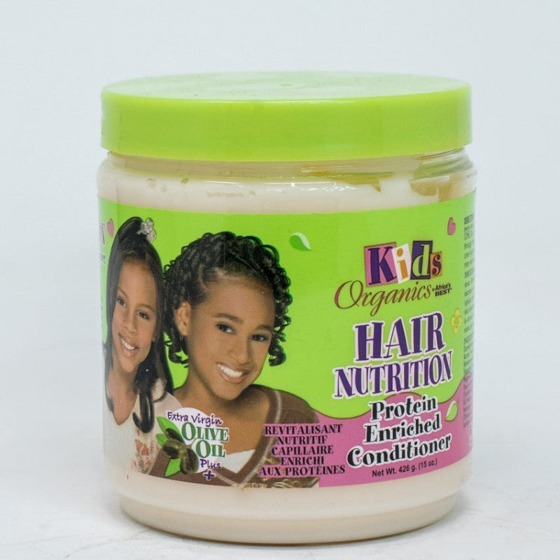 Jar of Kids Organics Hair Nutrition Protein Enriched Conditioner with green lid and label.