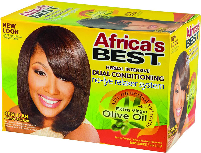 Africa's Best hair relaxer system packaging with a woman's face on a yellow background