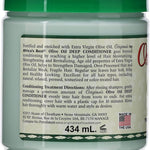 Back label of a jar of Africa's Best Olive Oil Deep Conditioner with green lid.