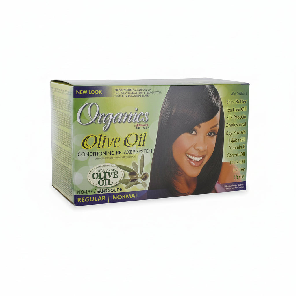 Box of Organics Olive Oil Conditioning Relaxer System with a woman's face on the packaging.