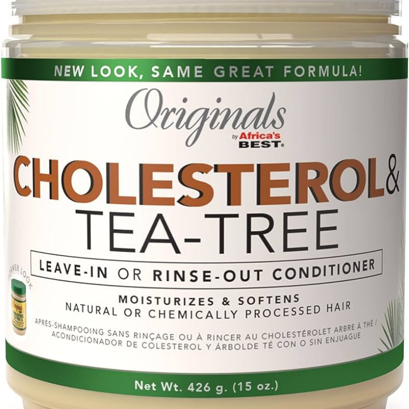 Jar of 'Originals Africa's Best' cholesterol and tea tree conditioner on a white background