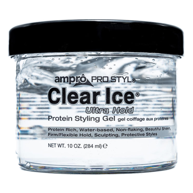 Clear Ice Protein Styling Gel jar with black lid on a white background