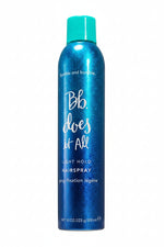 Blue hairspray can with 'Bumble and bumble' branding on a white background