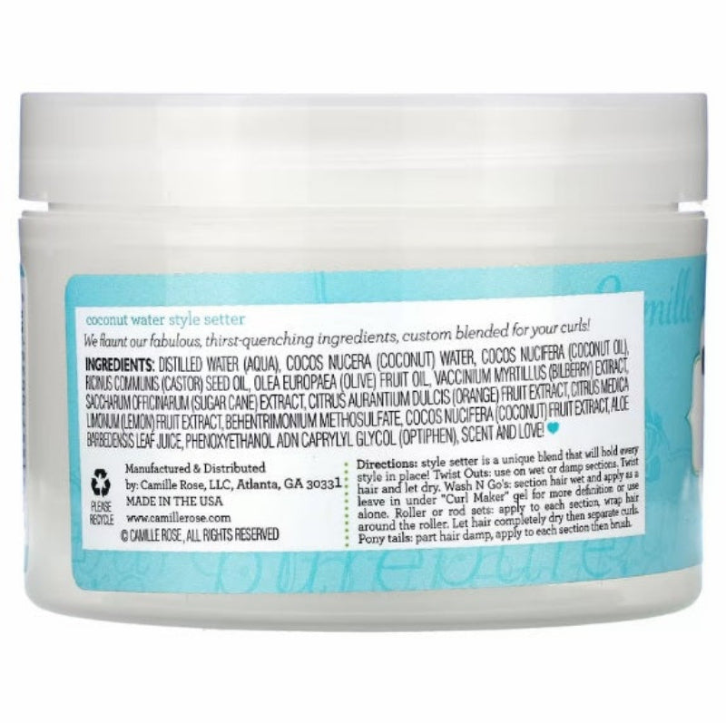 Back of a hair product jar with a blue label and white text