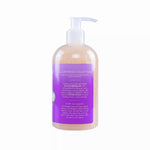 Bottle of hair product with a purple label on a white background