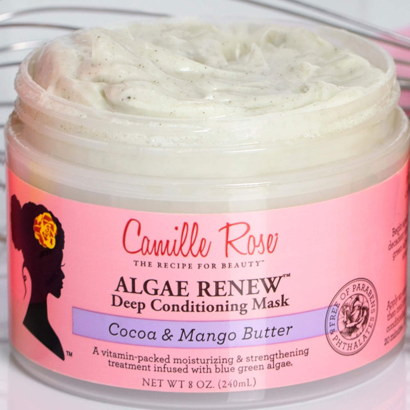 Camille Rose Algae Renew Deep Conditioning Mask jar with pink label