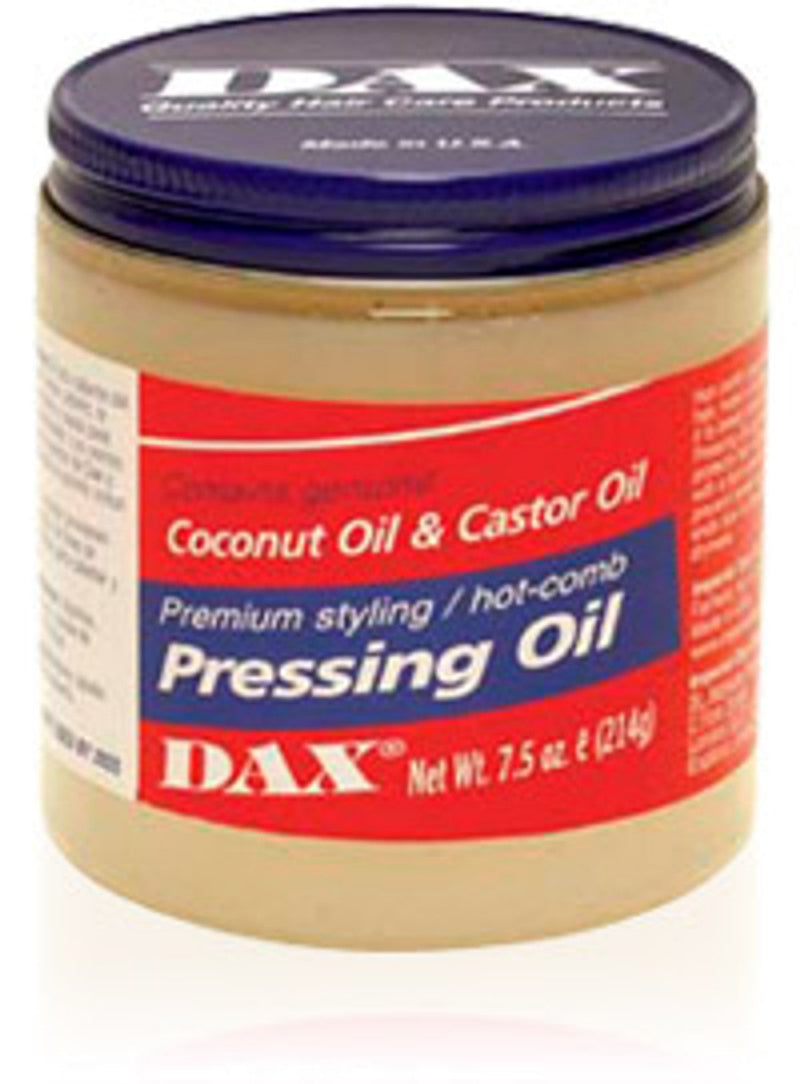 Jar of DAX Pressing Oil with coconut oil and castor oil on a white background
