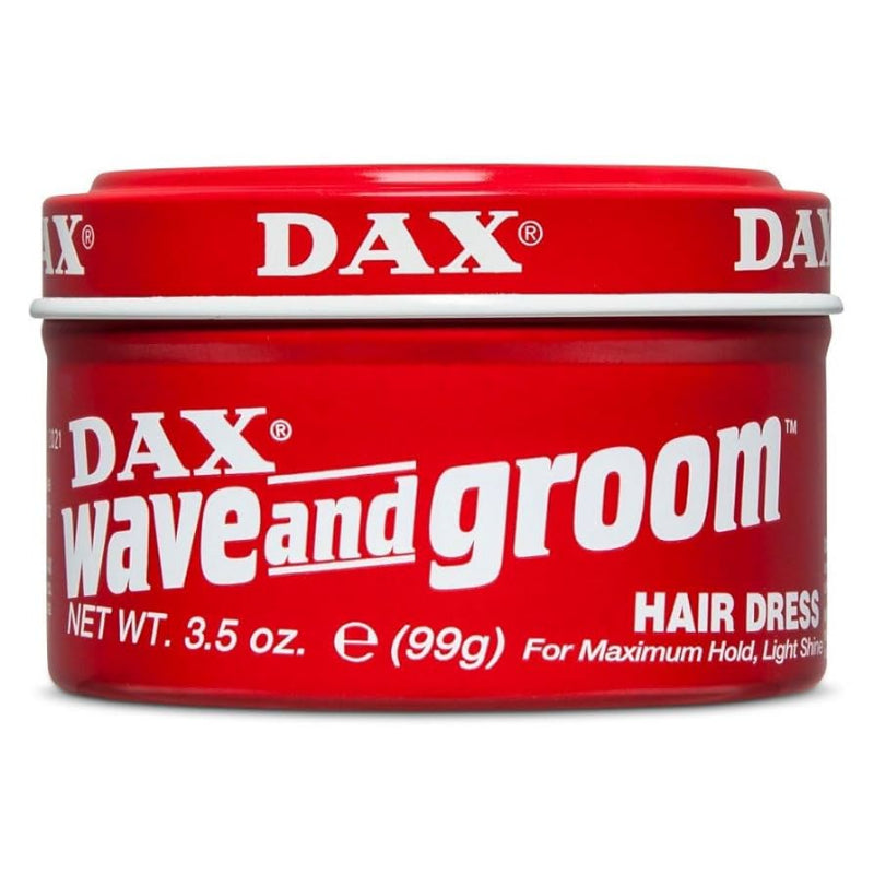 Red container of DAX Wave and Groom hair dress on a white background