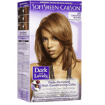 Dark & Lovely Conditioning Hair Color Chestnut Blonde 380 box with model showing soft, golden-blonde hair; features nourishing formula for textured and natural hair.