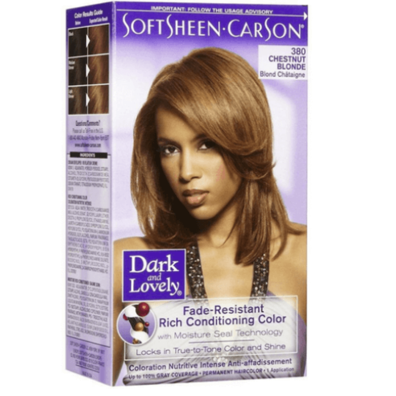 Dark & Lovely Conditioning Hair Color Chestnut Blonde 380 box with model showing soft, golden-blonde hair; features nourishing formula for textured and natural hair.