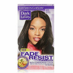 Dark & Lovely Fade-Resistant Rich Conditioning Hair Color in Jet Black 371, featuring a model with deep, glossy black hair; designed for long-lasting color and moisture-rich results on textured hair.