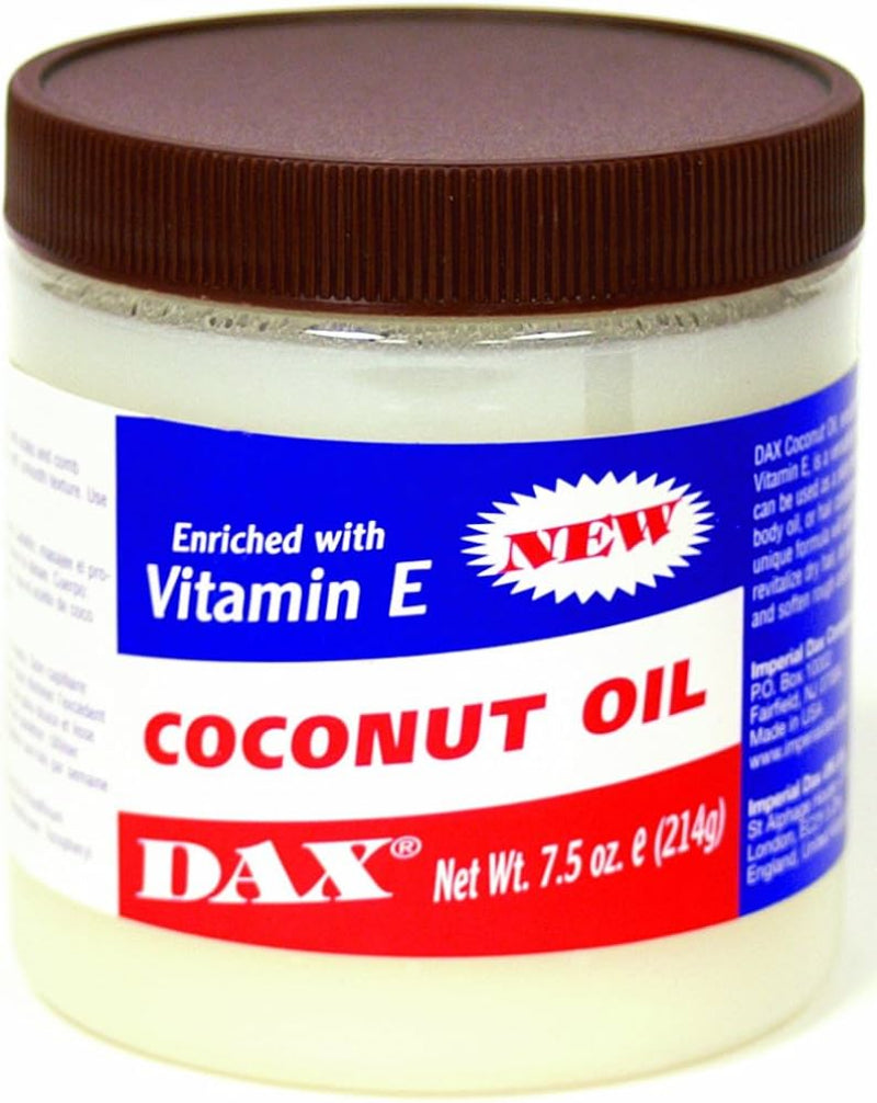 Jar of Dax coconut oil enriched with Vitamin E on a white background