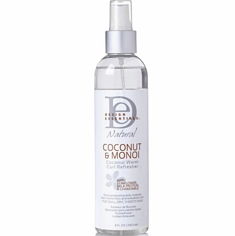 Bottle of Design Essentials Coconut & Monoi Curl Refresher on a white background