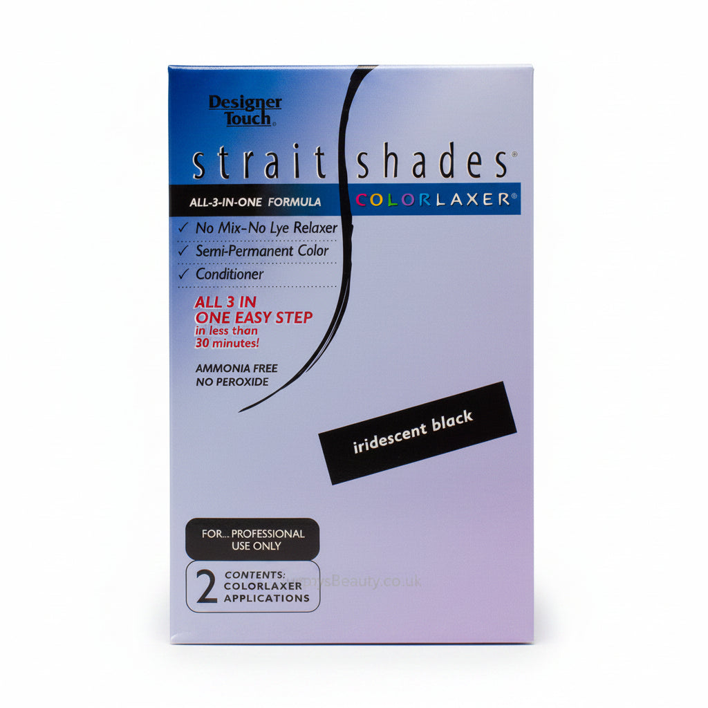A package of Designer Touch Straight Shades Colorlaxer ammonia-free semi-permanent hair color, labeled as 'iridescent black'. The box features a blue-to-purple gradient design with black and white text.