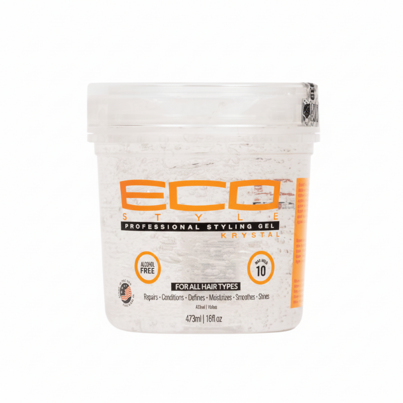 Eco Styler Krystal Styling Gel 16oz packaging, alcohol-free, suitable for all hair types, provides hold and shine.