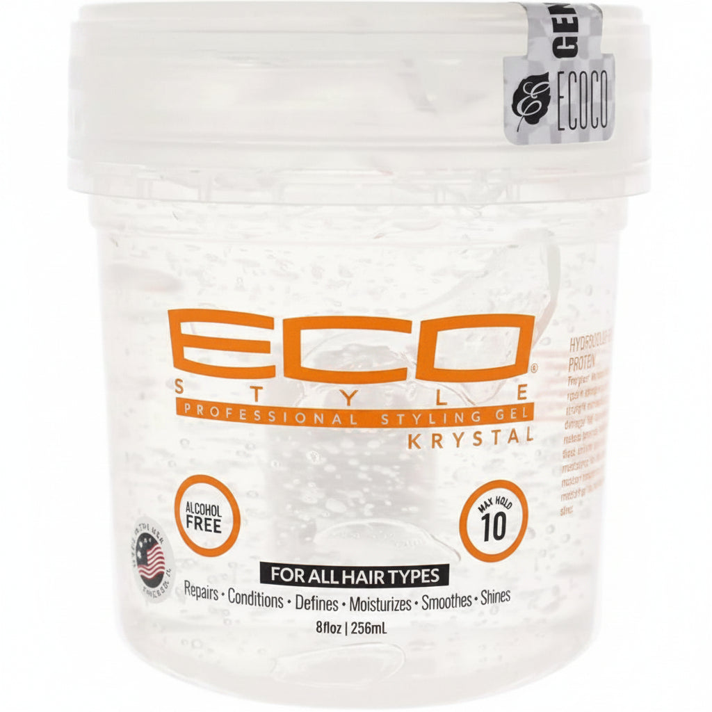 Eco Styler Krystal Styling Gel 8oz in a clear container, alcohol-free for all hair types, provides hold and shine.