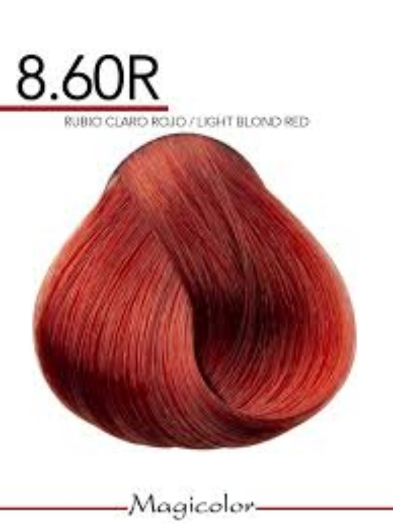 Hair color swatch labeled '8.60R' for Rubio Glamour, a light blond red shade.