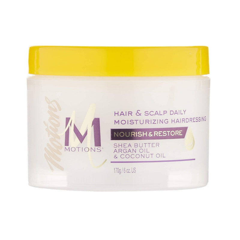 Jar of Motions hair and scalp daily moisturizing hairdressing with a yellow lid on a white background