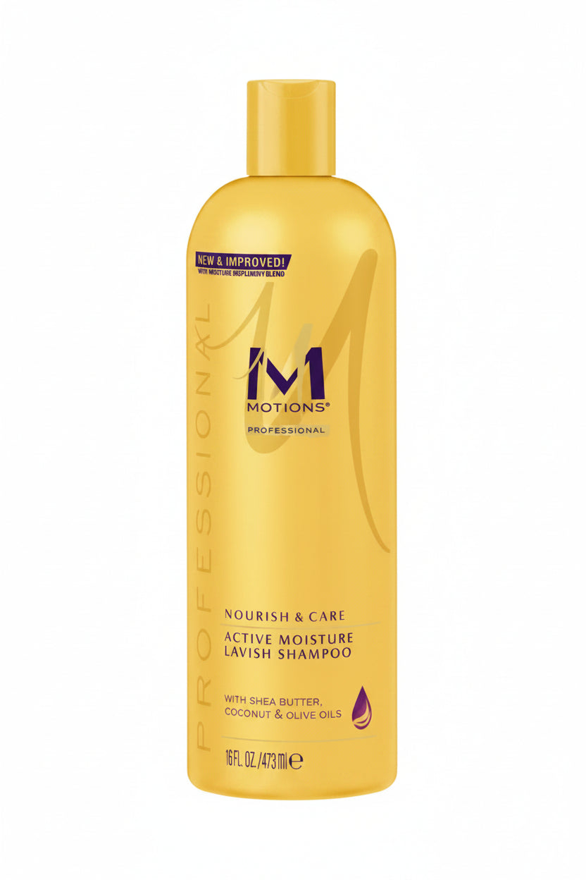 Yellow shampoo bottle with 'Motions' branding on a white background