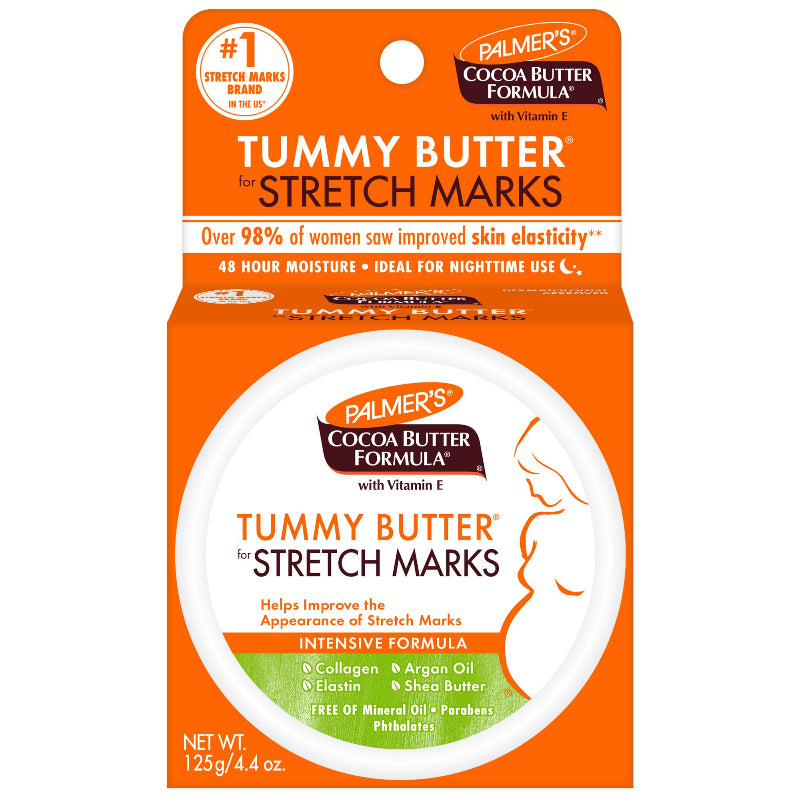 Packaging of Palmer's Cocoa Butter Tummy Butter for Stretch Marks, with orange and white colors and product information.