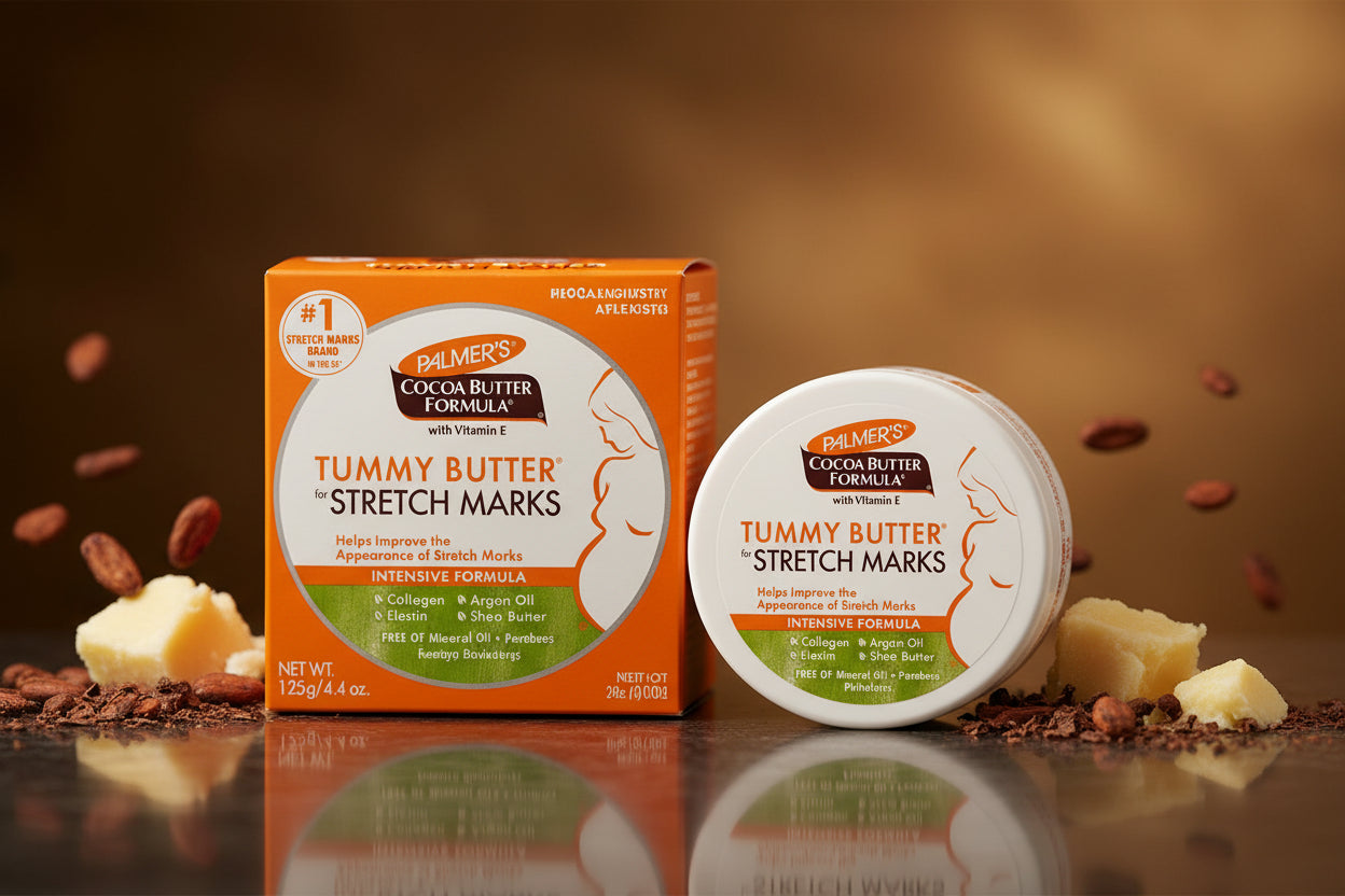 Palmer's Cocoa Butter Formula Tummy Butter packaging for stretch marks on a white background