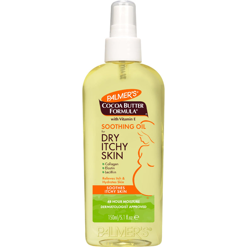 A bottle of Palmer's Cocoa Butter Formula Soothing Oil for dry and itchy skin, with a spray nozzle, 150ml.