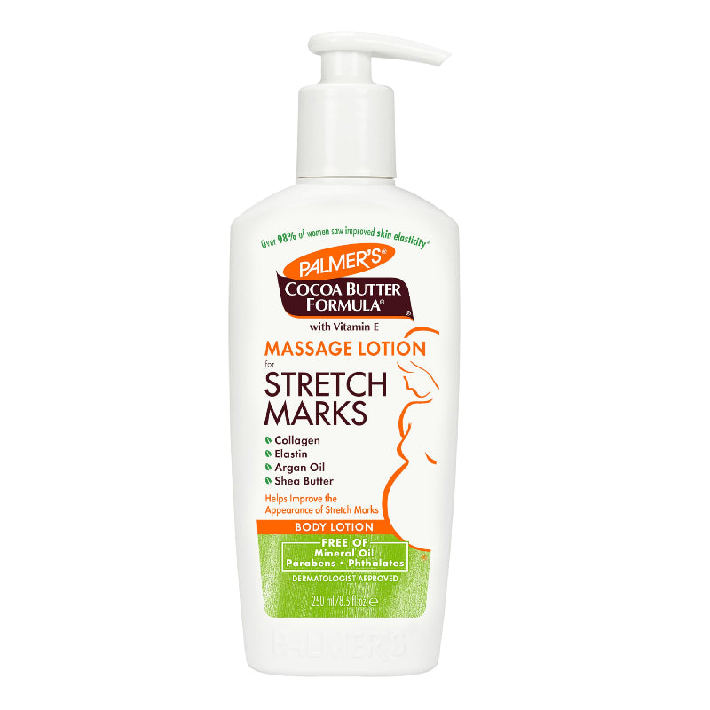 Palmer's Cocoa Butter Formula Stretch Marks Lotion in a pump bottle, with product information and branding visible.