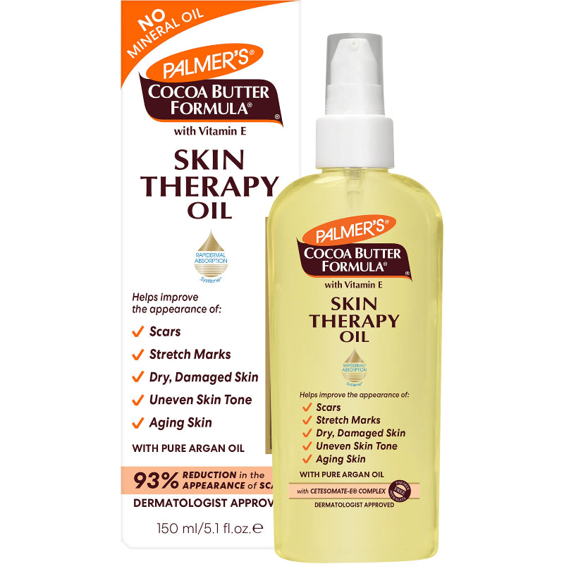 A bottle of Palmer's Cocoa Butter Skin Therapy Oil with its packaging, highlighting benefits such as improving the appearance of scars, stretch marks, and dry skin. The bottle is labeled with the product name and mentions it contains pure argan oil.