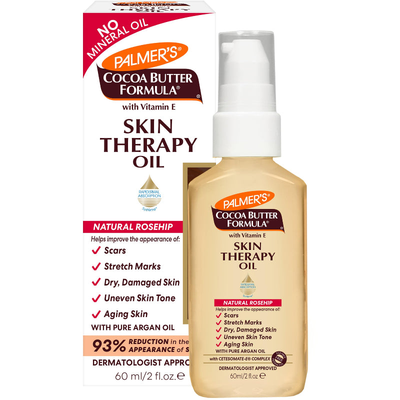 Palmer's Cocoa Butter Formula Skin Therapy Oil in a clear bottle with a white pump, packaged with a box that has images highlighting the product's benefits like smoothing skin, reducing stretch marks, and improving skin tone.