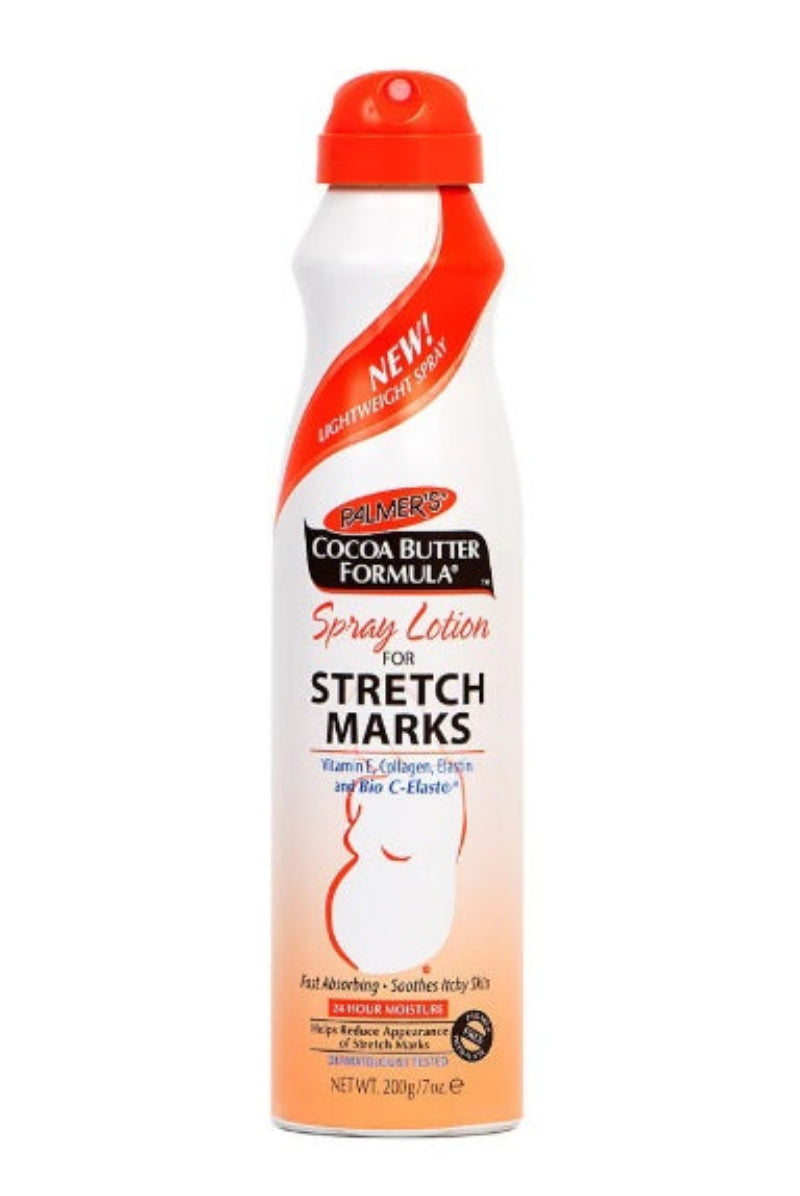 A can of Palmer's Cocoa Butter Spray Lotion for Stretch Marks, with a predominantly white body and orange design, including the brand's logo and product information.