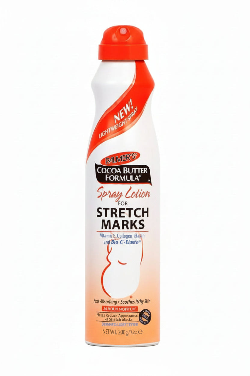 A can of Palmer's Cocoa Butter Spray Lotion for Stretch Marks, with a predominantly white body and orange design, including the brand's logo and product information.