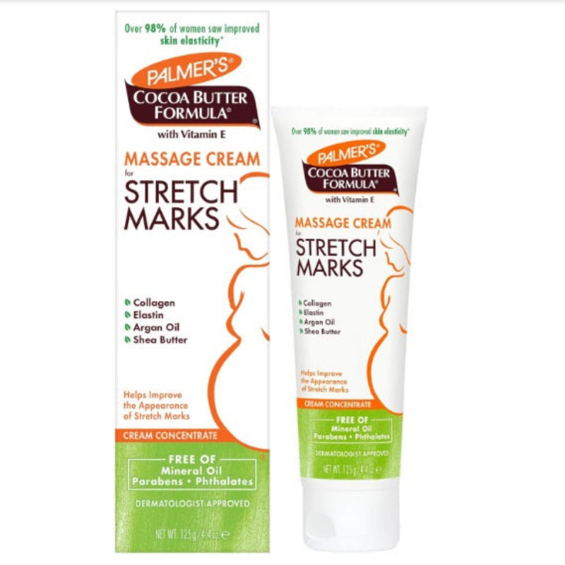 A tube and packaging of Palmer's Cocoa Butter Anti Stretch Marks Cream with green and orange accents. The product is marketed for improving the appearance of stretch marks.