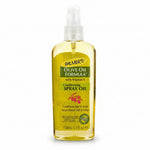 A bottle of Palmer's Olive Oil Formula Extra Virgin Olive Oil Hair Spray with a white spray nozzle. The label is yellow and green with text detailing the product type and benefits.