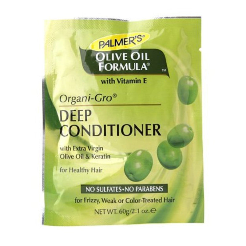A sachet of Palmer's Olive Oil Formula Organi-Gro Deep Conditioner, highlighting the use of extra virgin olive oil and keratin for healthy hair.