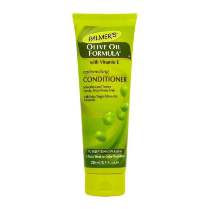 Palmer's Olive Oil Formula Replenishing Conditioner in a green tube with white and black text, highlighting the olive oil and vitamin E ingredients.