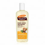 A 250 ml bottle of Palmer's Shea Butter Formula Raw Shea Nourish Body Oil, featuring a white cap and a label with orange, brown, and yellow graphics on a white background.