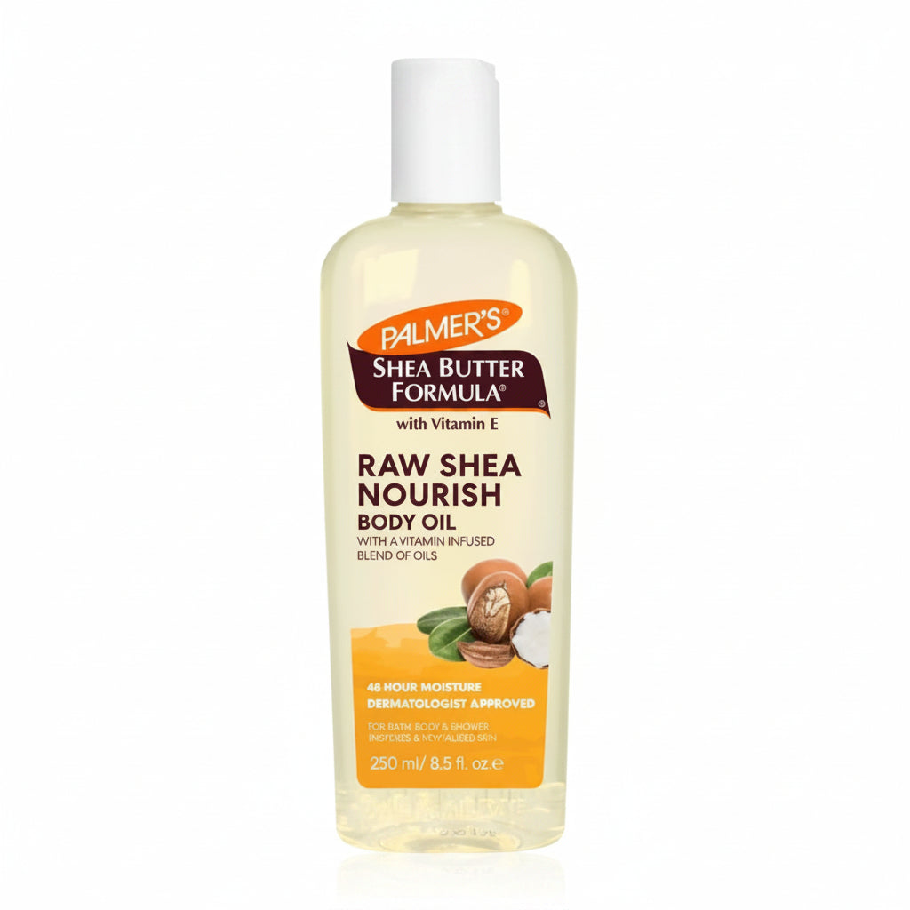 A 250 ml bottle of Palmer's Shea Butter Formula Raw Shea Nourish Body Oil, featuring a white cap and a label with orange, brown, and yellow graphics on a white background.