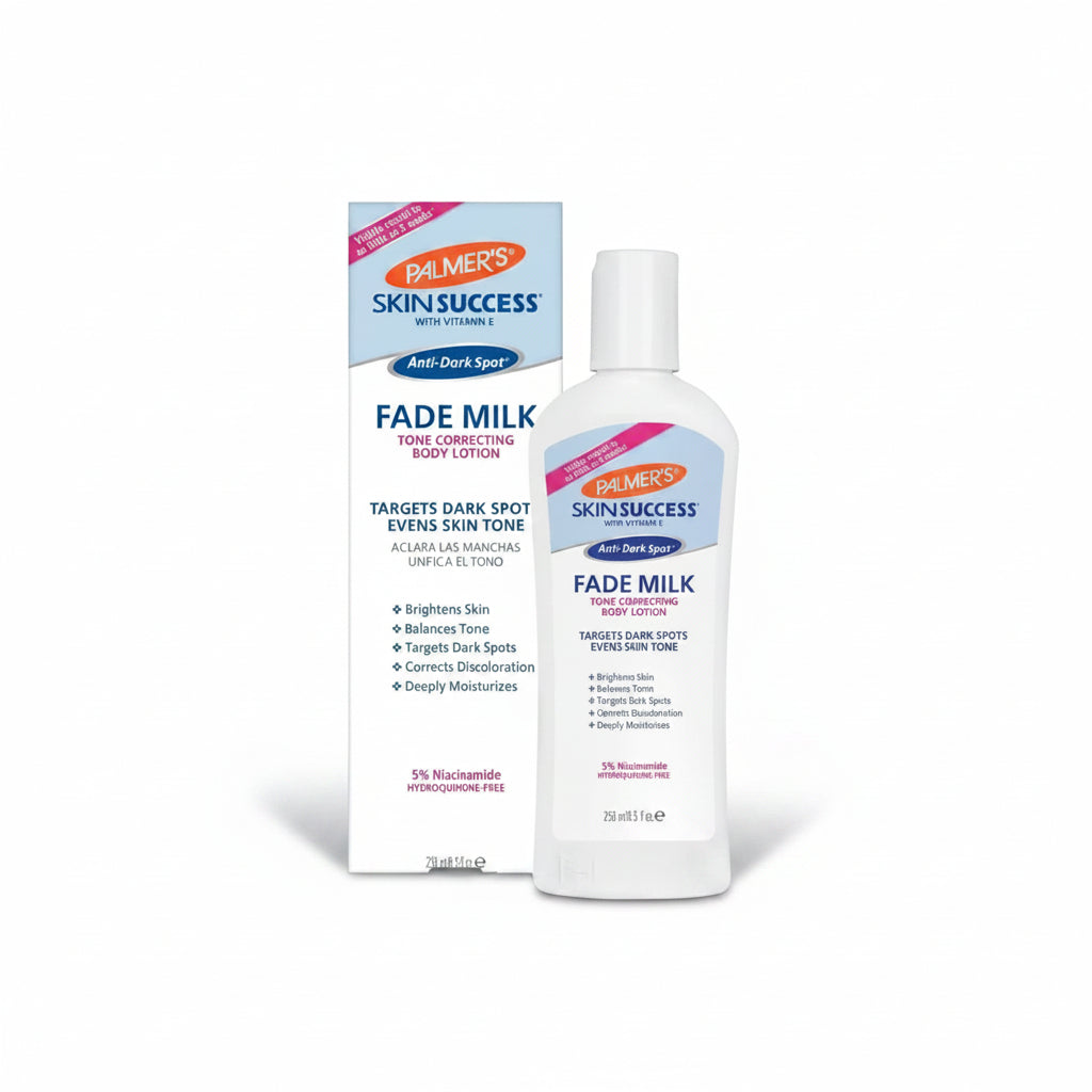 A bottle of Palmer's Skin Success Fade Milk Tone Correcting Body Lotion next to its retail box, displayed on a clean white background.
