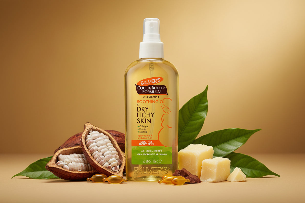 Palmer's Cocoa Butter Formula oil bottle on a white background