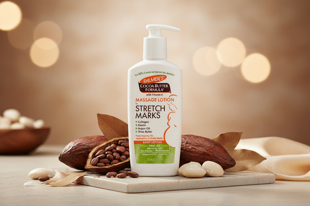 Palmer's Cocoa Butter Formula massage lotion for stretch marks on a white background