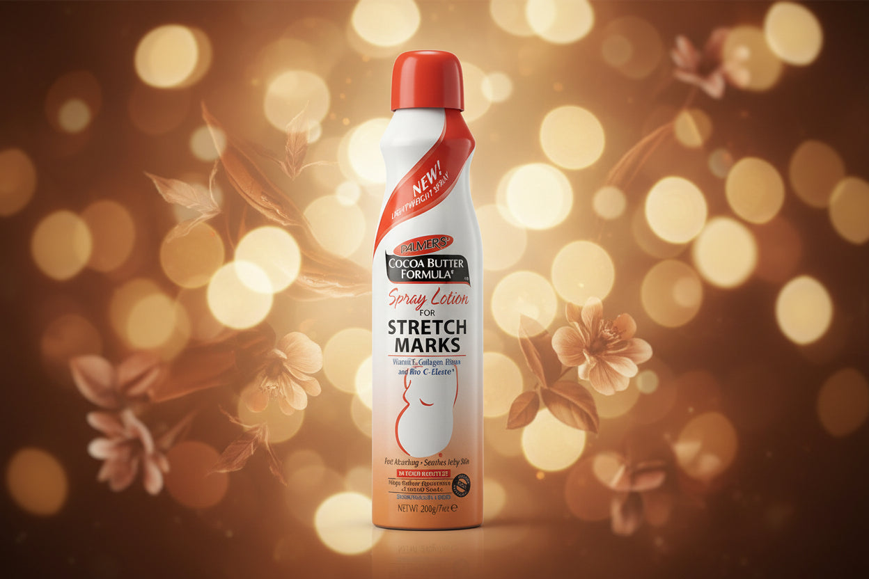 Silver's Cocoa Butter Formula Stretch Marks Spray Lotion in a white and orange spray can with a red cap, on a white background.