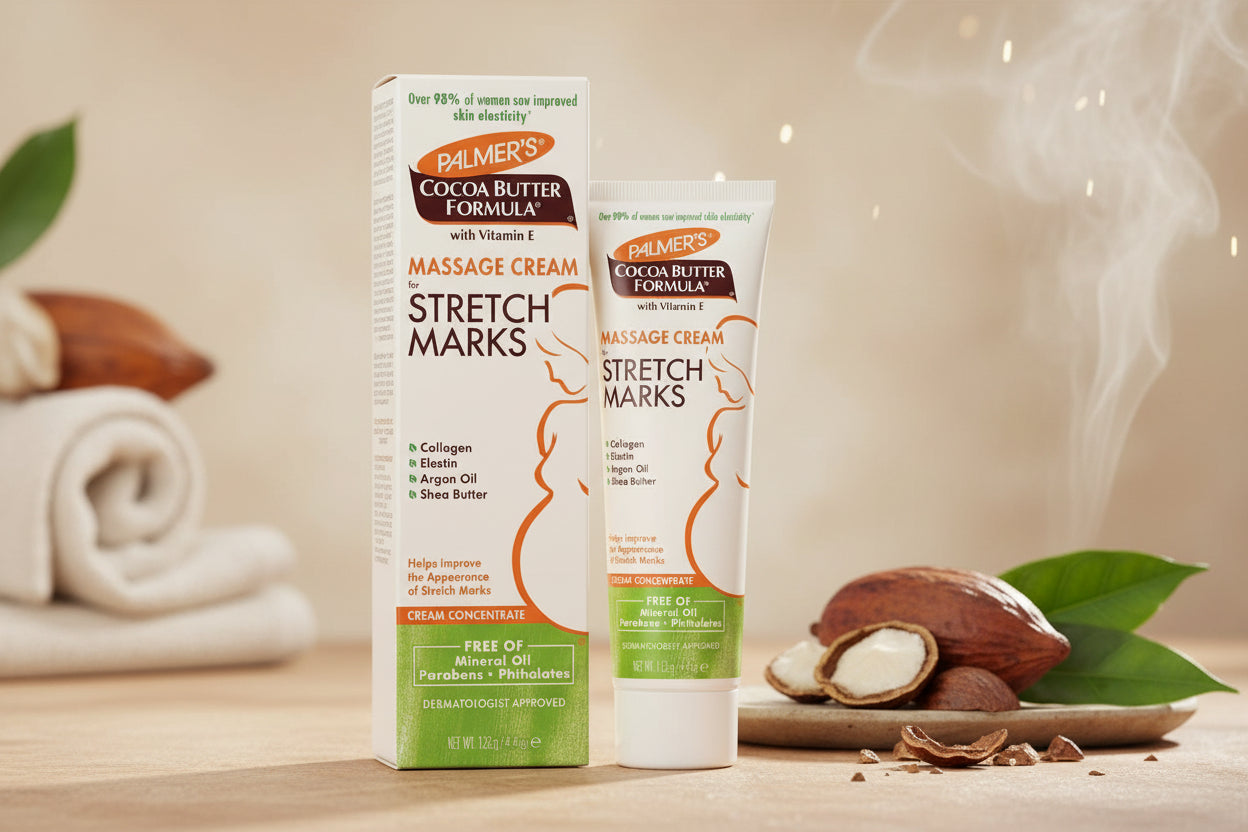 Palmer's Cocoa Butter Formula Massage Cream Stretch Marks, shown as a white squeeze tube with orange and green text alongside its matching white cardboard box on a plain white background.